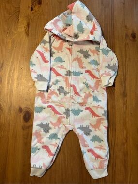 Baby Hooded Fleece One-Piece in Pastel Dinosaur Print